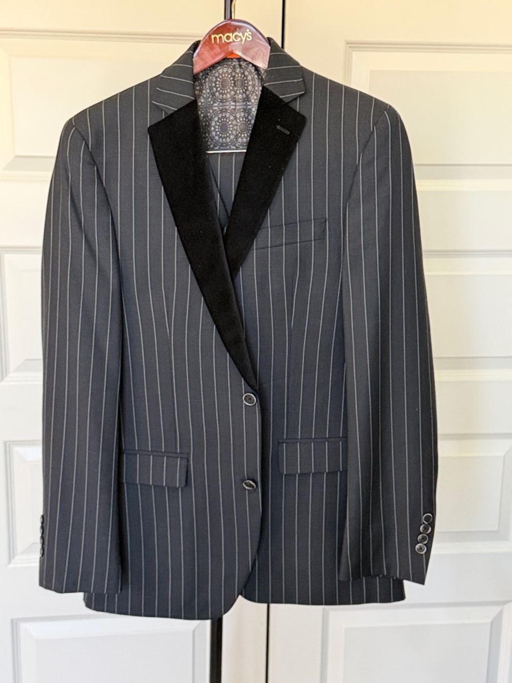TALLIA Charcoal Pinstripe 3-Piece Tuxedo with Black Velvet Lapel